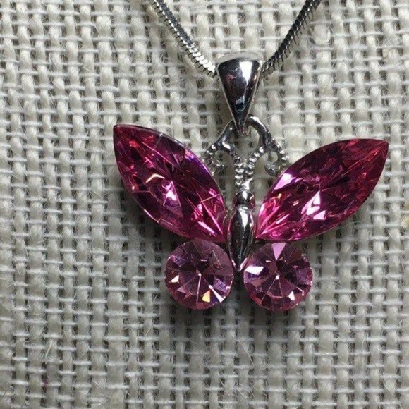 Rhinestone Butterfly Pendant Necklace Silver Pink Sparkle Retro BoHo - Picture 3 of 6
